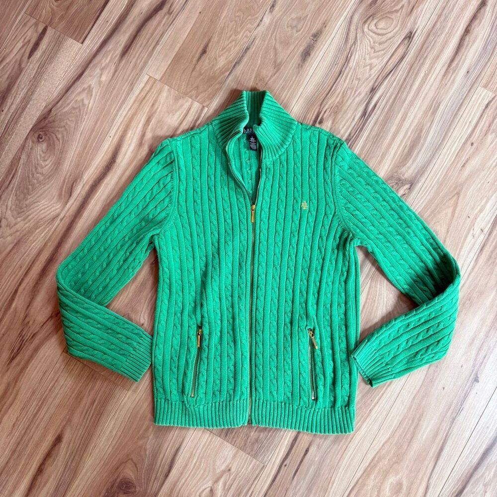 Lauren Ralph Lauren Womens Green Cable Knit Full Zip Cotton Sweater Size Large